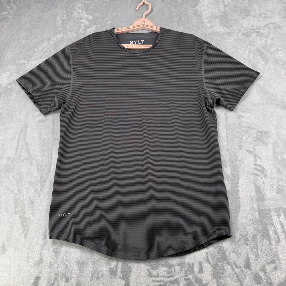 BYLT Shirt Mens L Gray Striped Premium Basics Drop Cut Short Sleeve Crew Neck